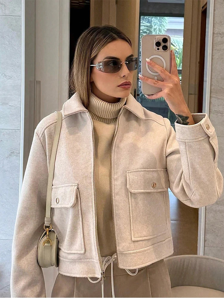 Women's Short Zip-Up Jacket Coat – Elegant Street Outerwear with Pockets
