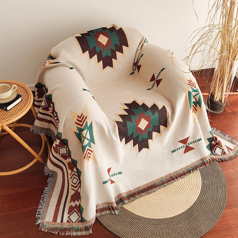 Aztec Boho Throw Blanket with Fringe – Oversized Southwestern Geometric Tapestry, Double-Sided Woven