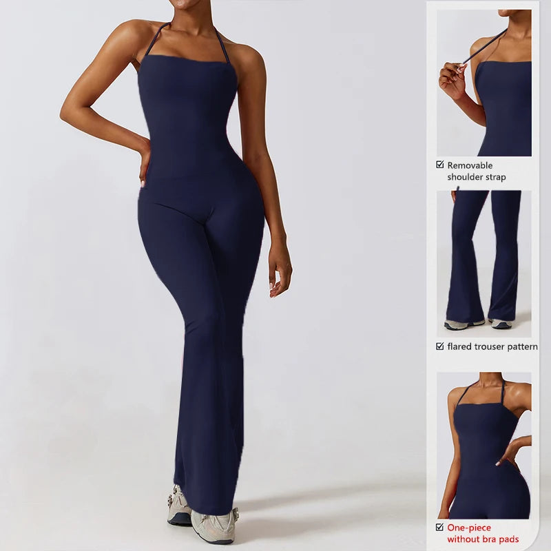 Women's Sleeveless Yoga Jumpsuit – Gym Flared Overalls Neck-Hanging Backless Sportswear