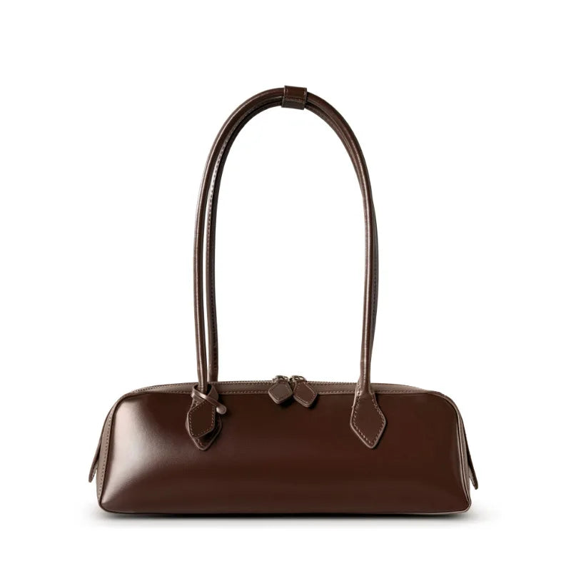 Vintage Genuine Leather Baguette Shoulder Bag – Korean Luxury Underarm Handbag for Women