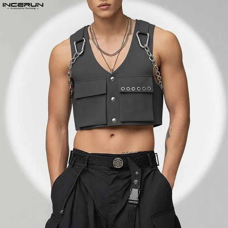 INCERUN Men's V-Neck Sleeveless Crop Vest — Solid Color Streetwear Waistcoat
