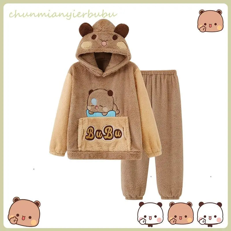 Kawaii Panda Bubu & Dudu Coral Fleece Lovers Pajamas | Cartoon Autumn Winter Sleepwear