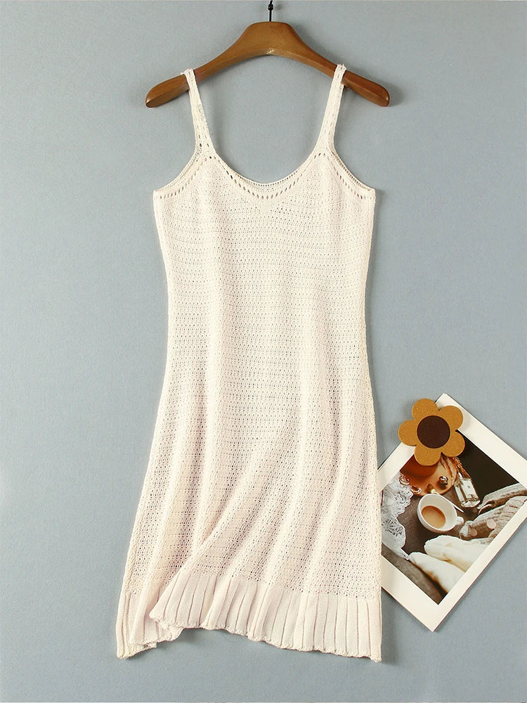 Crochet Halter V-Neck Beach Mini Dress — Ruffle Knit Swimsuit Cover-Up