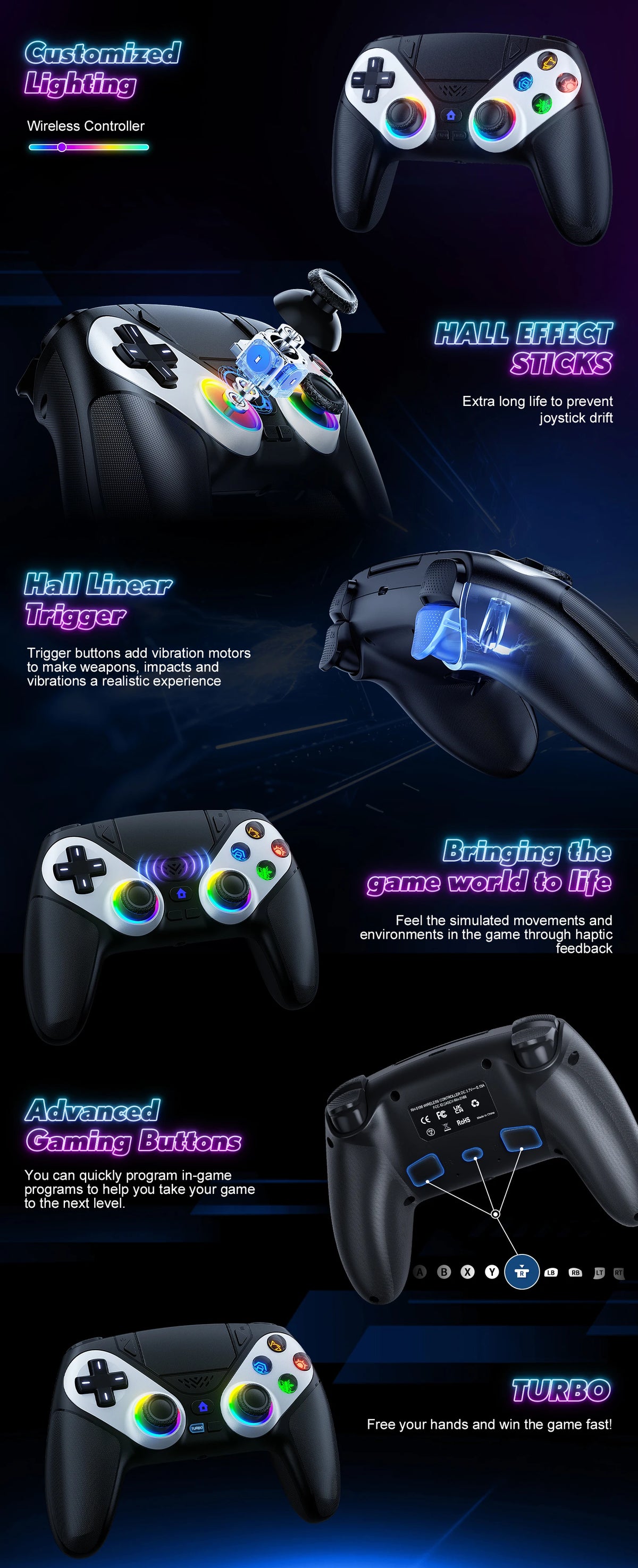 Wireless PS5 Controller – Turbo, Hall Trigger, Touchpad, Vibration & Bluetooth Gamepad