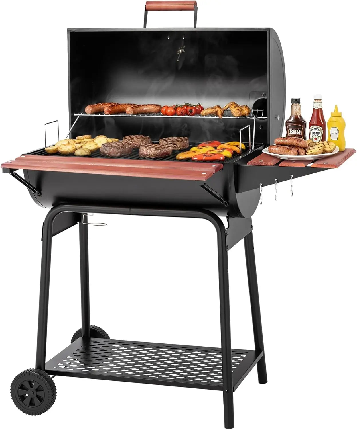 Charcoal BBQ Barrel Grill 30-Inch | 627 Sq. In. Cooking Surface, Woodgrain Side Table, Lid Thermometer, Adjustable Fire Grate, Outdoor Patio & Backyard