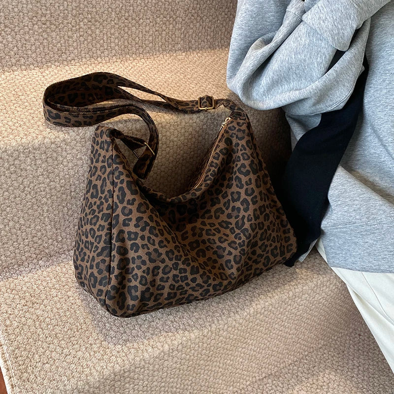 Leopard Print Crossbody Bag – Large Capacity Retro Soft Textile Shoulder Bag for Women