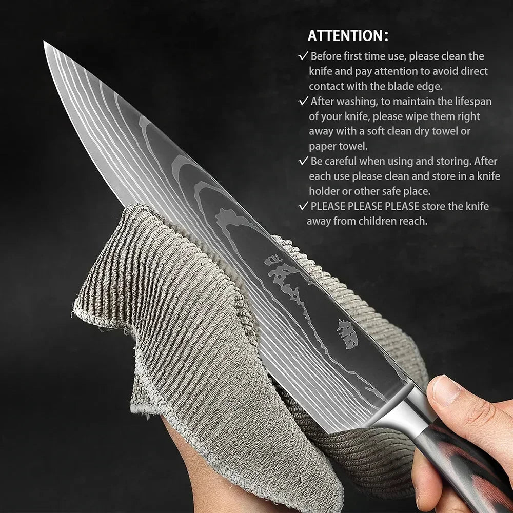 Damascus Kitchen Knife Set — Japanese Santoku, Cleaver, Slicing & Boning Knives