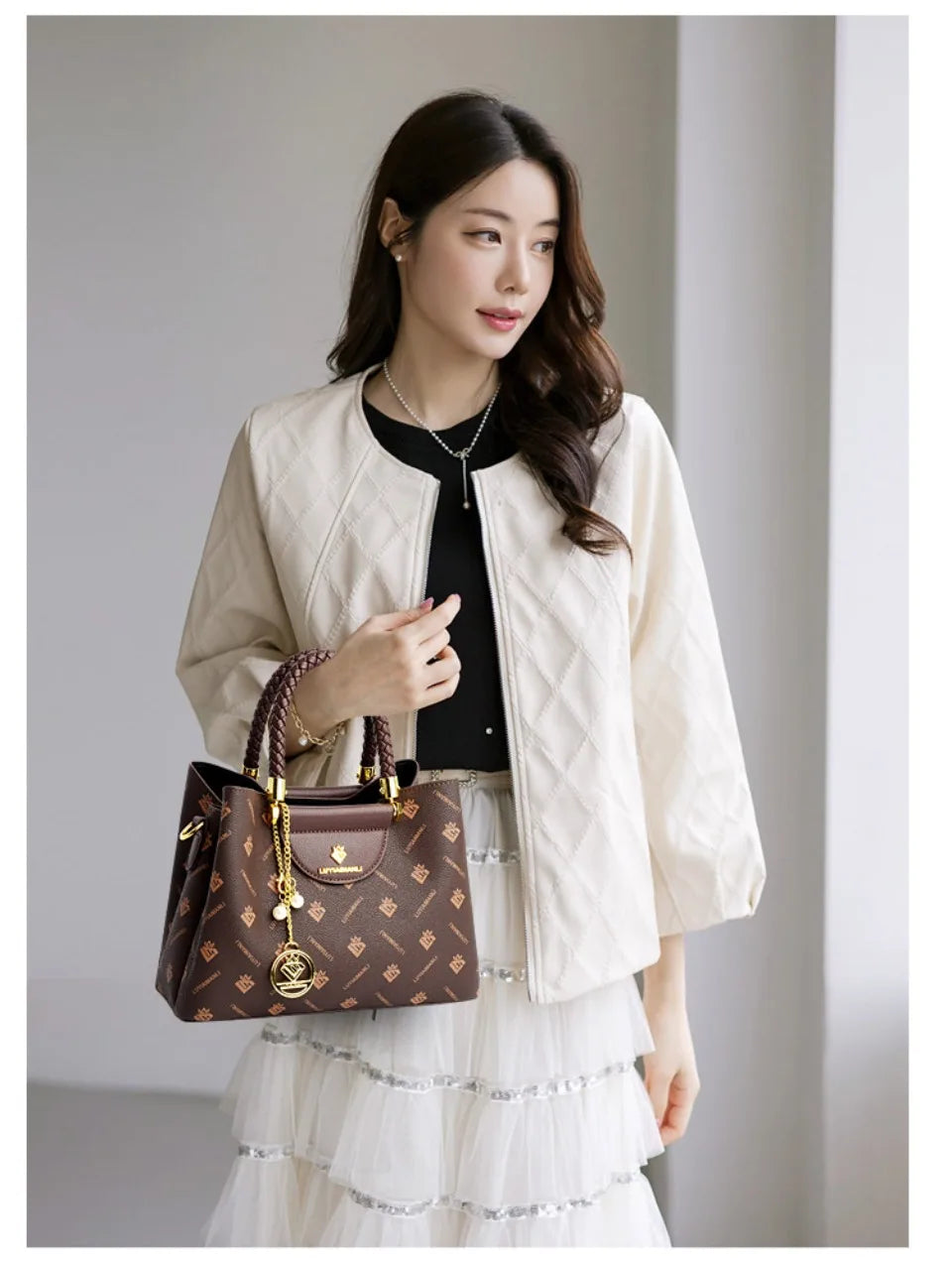 VANDERWAH Woven Handle Alligator Microfiber Leather Tote – Luxury Designer Shoulder Handbag for Women
