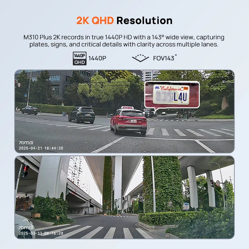 70mai M310 Plus 2K Dash Cam – 1440P QHD, 143° FOV, Voice Control, 24H Parking Guard, Night Vision