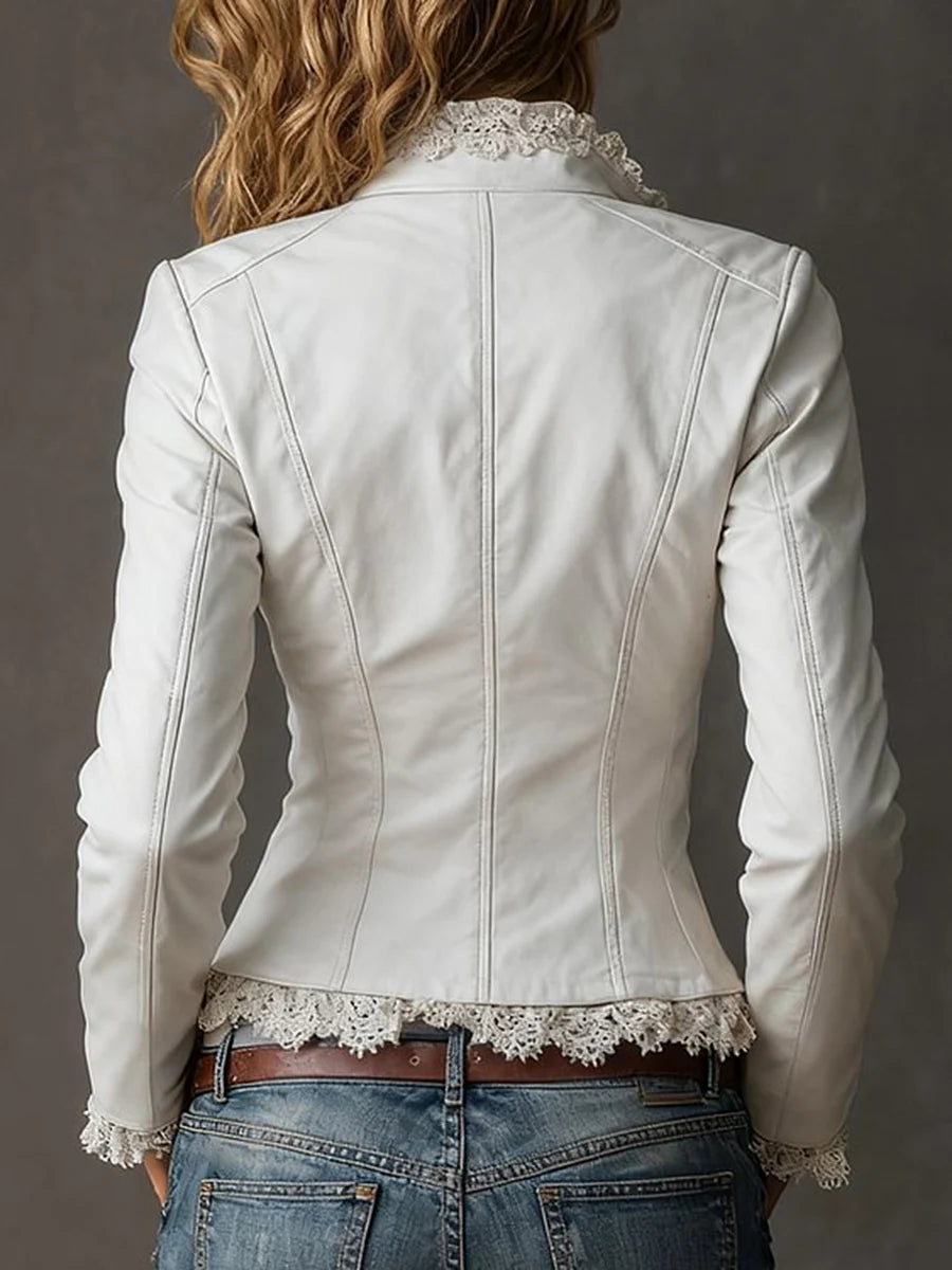 Women's White Faux Leather Jacket – Lace Trim Slim Fit