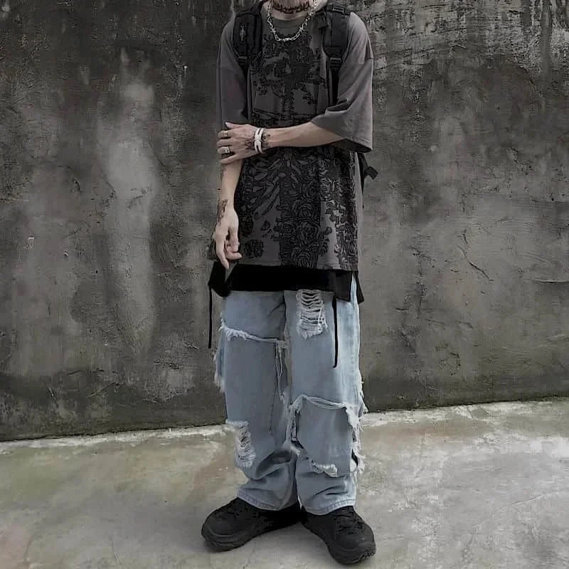 Men's Gothic Skull Oversized T-Shirt — Dark Anime Vintage Streetwear Tee