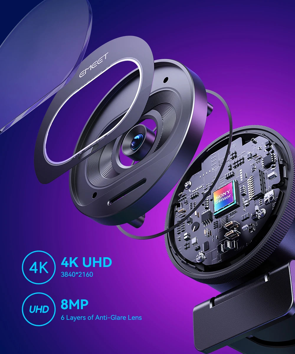 EMEET S600 4K Webcam – Sony UHD Sensor, 1080P 60FPS, 300ms Autofocus, Dual Mic, Privacy Cover