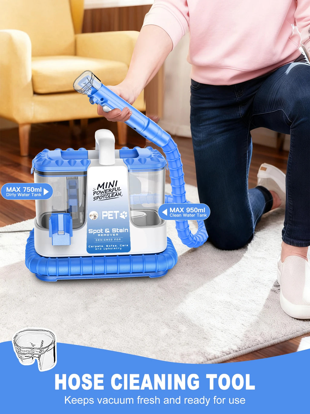 Carpet & Upholstery Cleaner Machine — 32Kpa Powerful Suction, 5 Cleaning Tools, Lightweight for Rug, Car Seats, Pets & Stairs