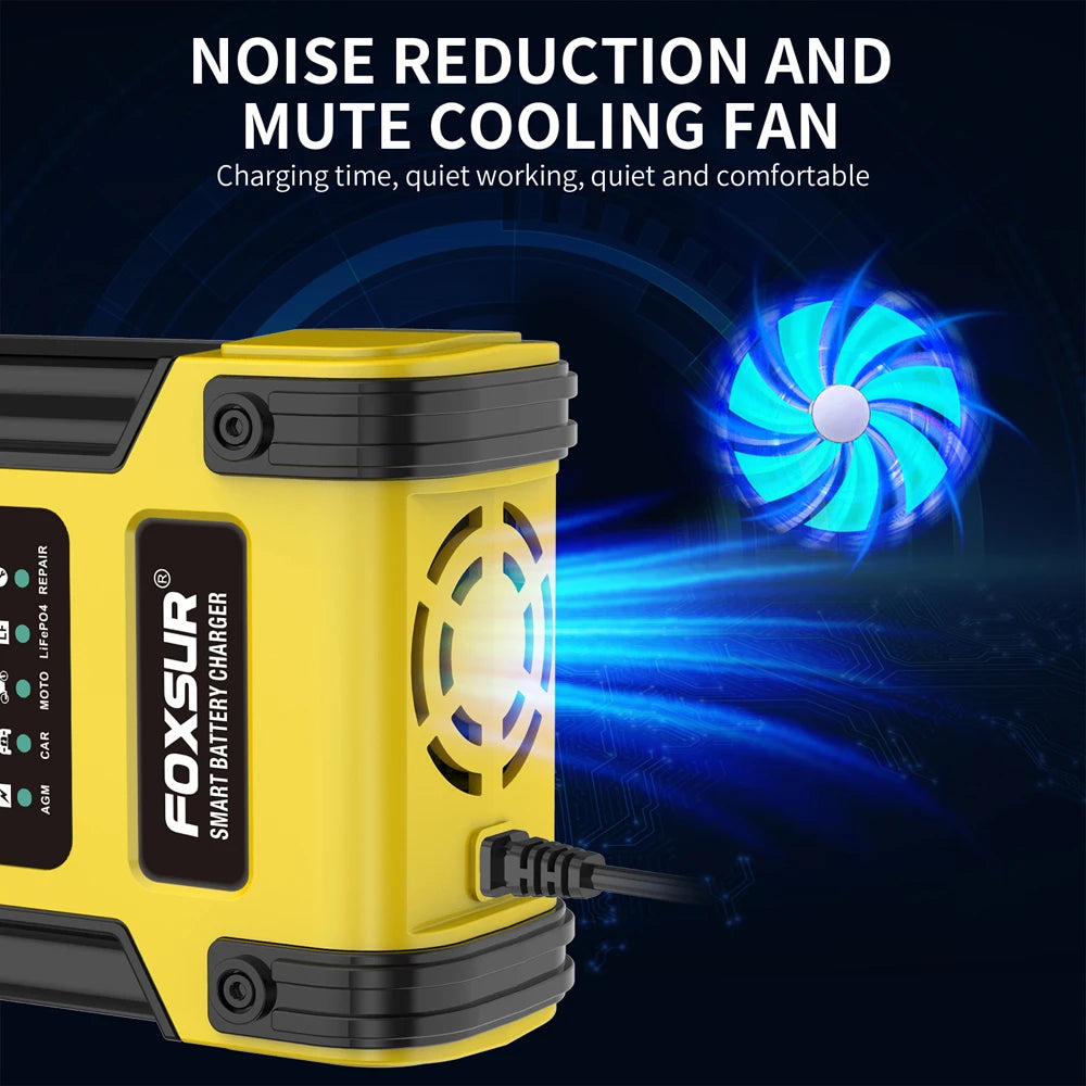 Foxsur Automatic Car Battery Charger 12V 12A – Digital Display Pulse Repair for Wet Dry Lead Acid Batteries