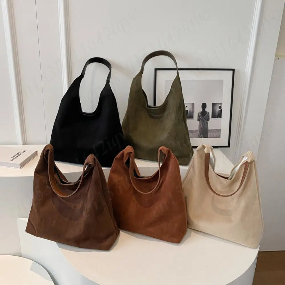 Vintage Suede Large Capacity Shoulder Tote Bag – Stylish Commuter Hobo Handbag for Women