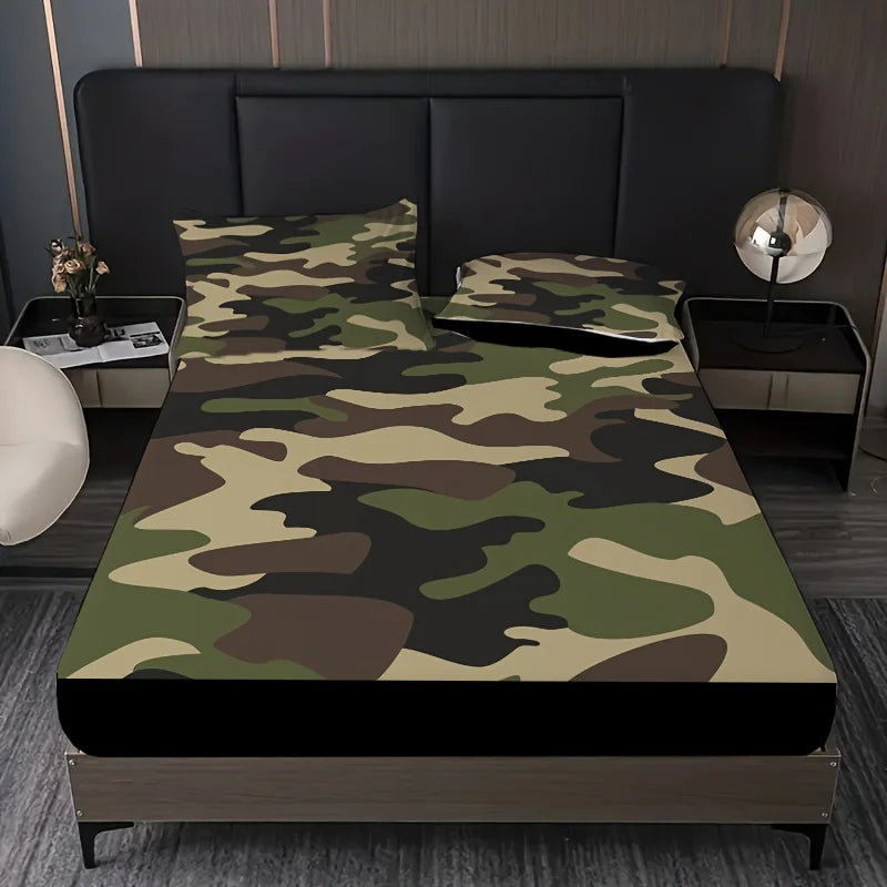Camouflage Pattern Fitted Sheet – 300TC Polyester Mattress Cover, Multiple Sizes