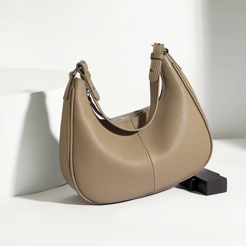 100% Genuine Cowhide Leather Half-Moon Underarm Tote Bag – Crossbody Shoulder Bag for Women