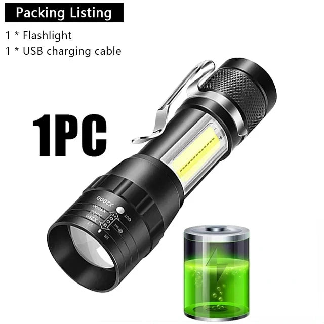 USB Rechargeable Mini Zoomable Flashlight – COB+XPE 3-Mode Torch in Single & Multi-Packs