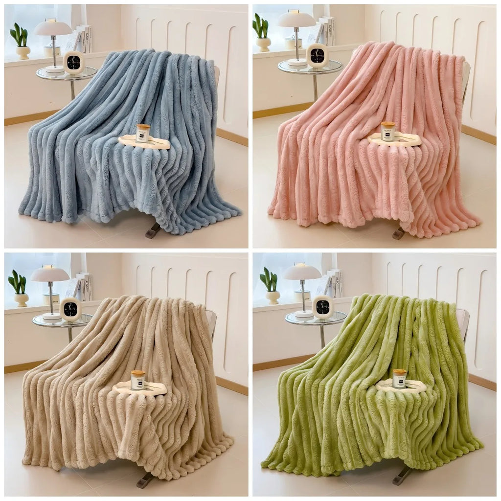 Striped Multifunctional Blanket – Thickened Coral Fleece for Bed, Nap, Sofa & Pets