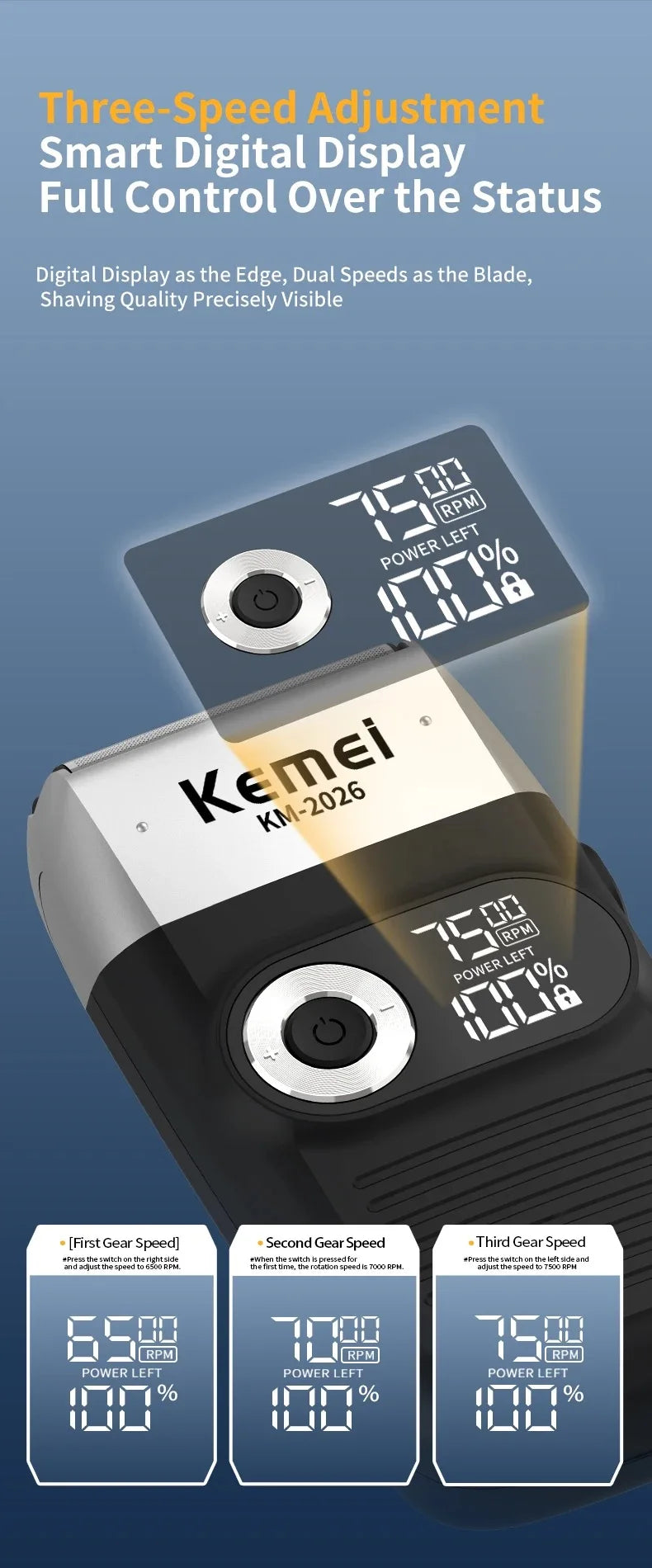 Kemei KM-2026 / KM-2027 Foil Electric Shaver – Dual-Layer Blade, 120-Min Runtime, USB Rechargeable