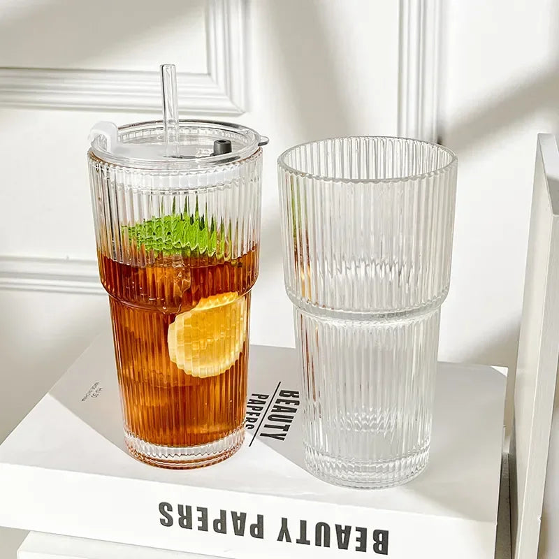 600ml Striped Borosilicate Glass Cup with Lid & Straw – Clear Iced Coffee & Smoothie Glass, CE Certified