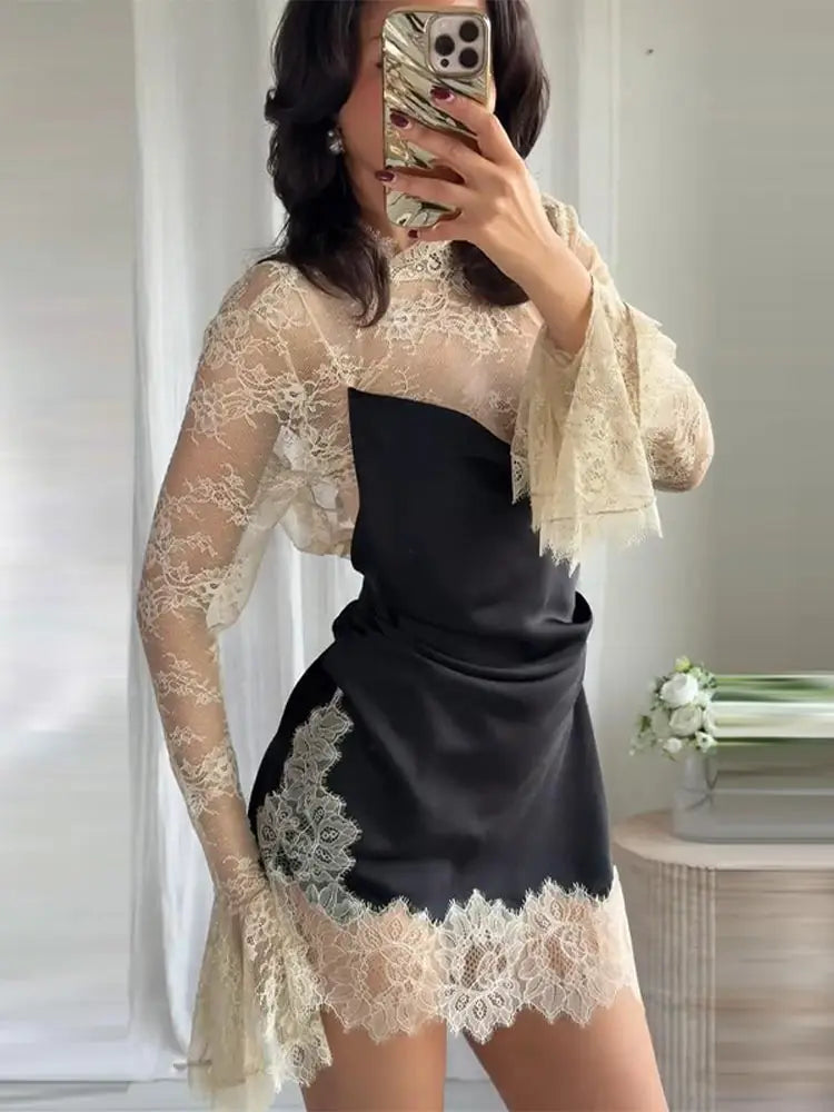 Lace Trim Satin Mini Dress — High Neck Color Block Y2K Party Clubwear