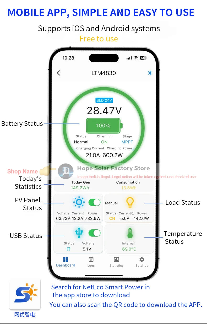 Smart MPPT Solar Charge Controller 30A/40A – 12V-48V Auto WiFi Bluetooth APP Remote LiFePO4 Lead Acid
