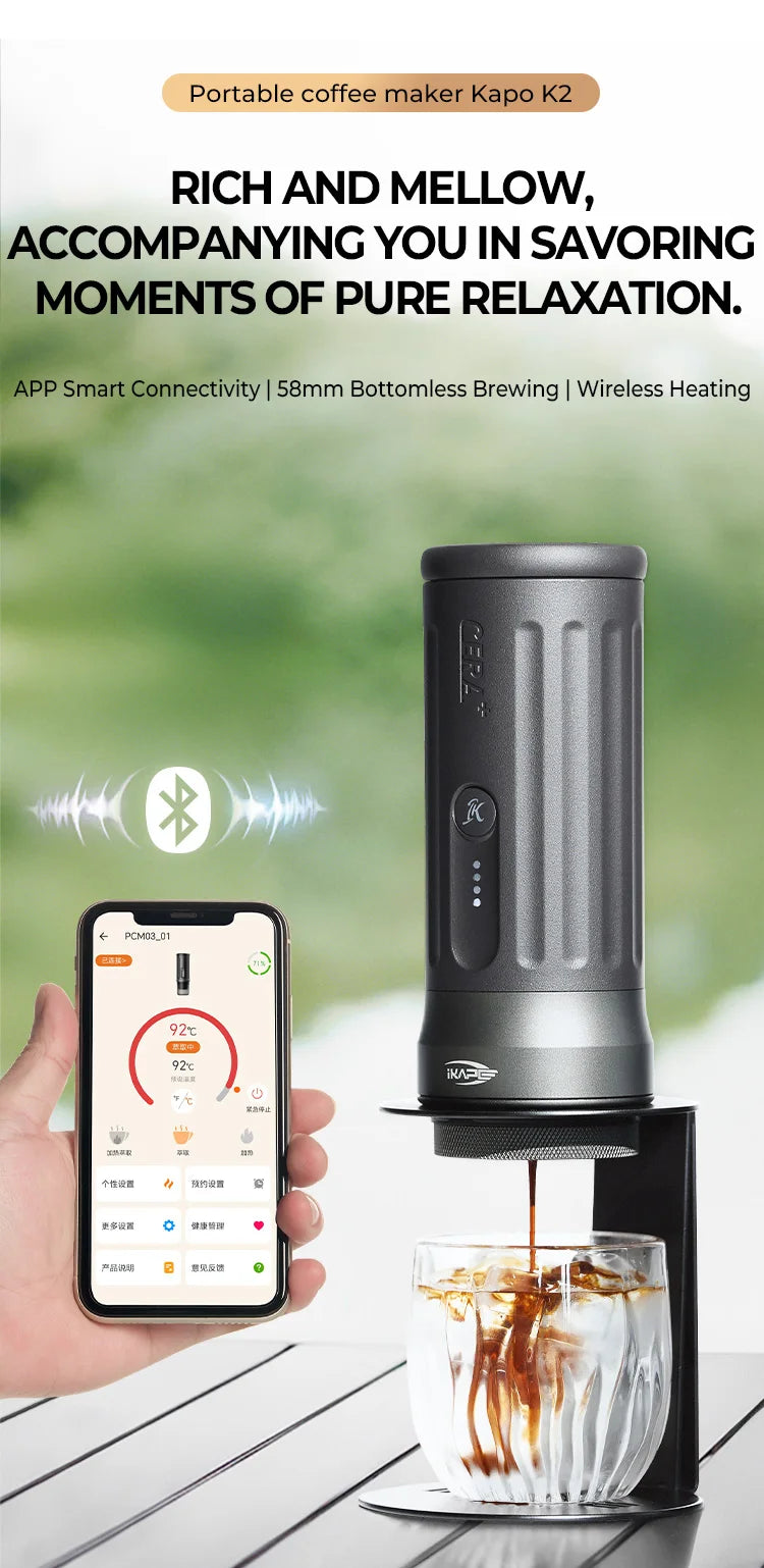 The Smartest Espresso Machine You Can Take Anywhere — IKAPE Kapo K2 | Bluetooth, 20-Bar, 13500mAh Battery, 51/58mm Portafilter