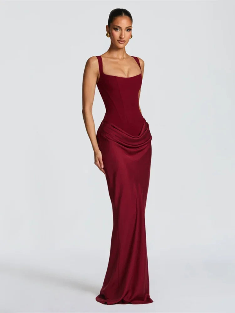 Sexy Strapless Pleated Maxi Dress – Off-Shoulder Backless High Waist Split Evening Party Gown