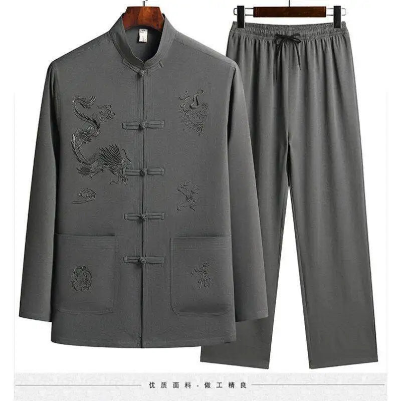 Men's Chinese Style Long Sleeve Shirt & Elastic Waist Pants Casual Set