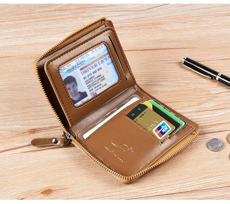 Men's RFID Leather Business Wallet – Zipper Card Holder Purse with RFID Protection