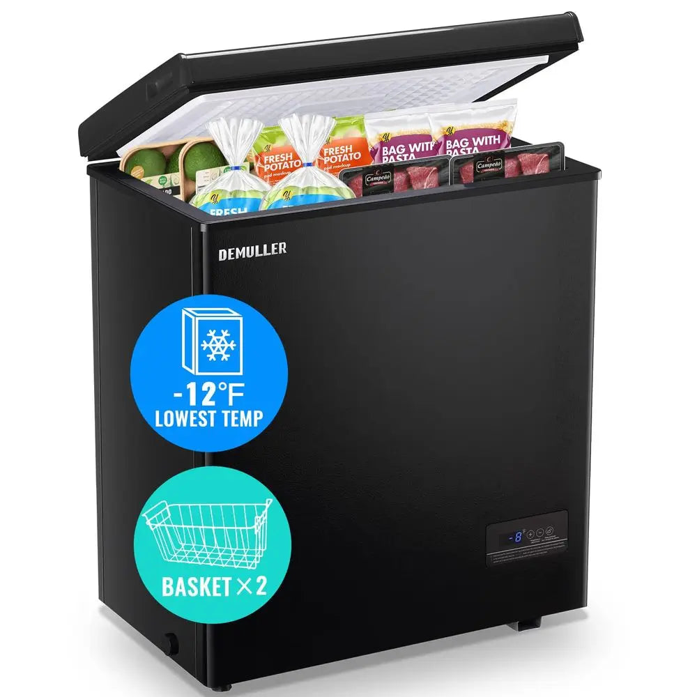 Large Capacity Compact Black Chest Freezer with Two Removable Baskets – Freestanding
