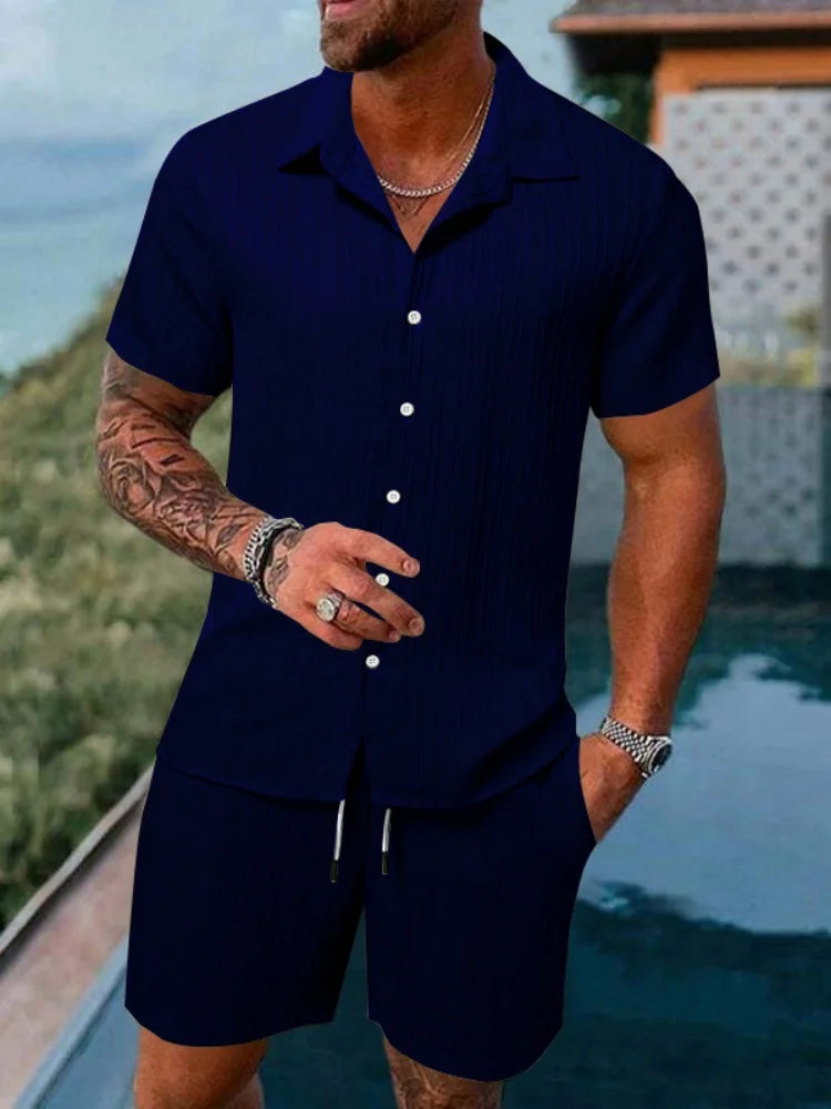 Men's Striped Collared Button-Down Shirt & Drawstring Shorts Set – Solid 2-Piece Beach