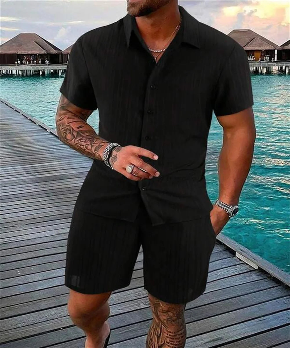 Men's Solid Color Casual Beach Shirt & Shorts Set – Loose Short Sleeve Outdoor Sport Summer 2-Piece