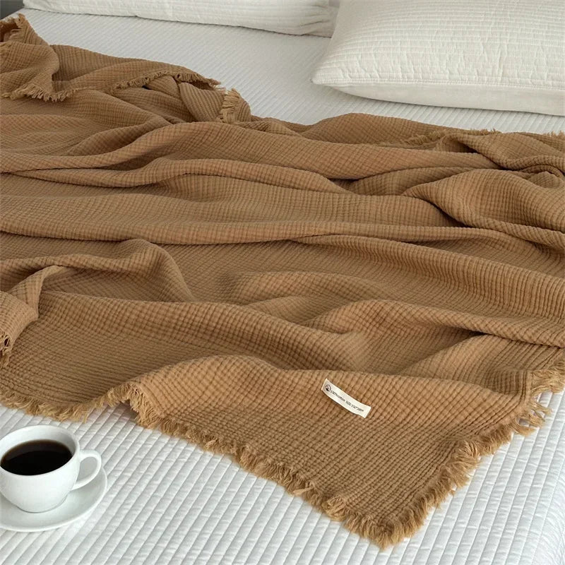 100% Cotton Tassel Blanket – Skin-Friendly Plaid Sofa Throw & Bed Shawl, Solid Color