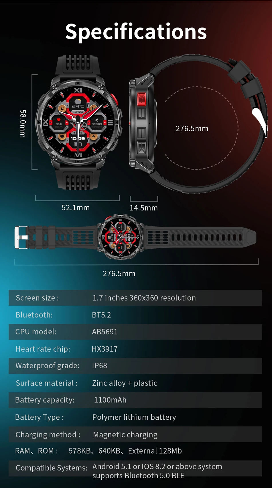 T-Rex3 Pro GPS Military Smartwatch – 1100mAh, 5ATM Waterproof, Sports Run Tracker & Compass