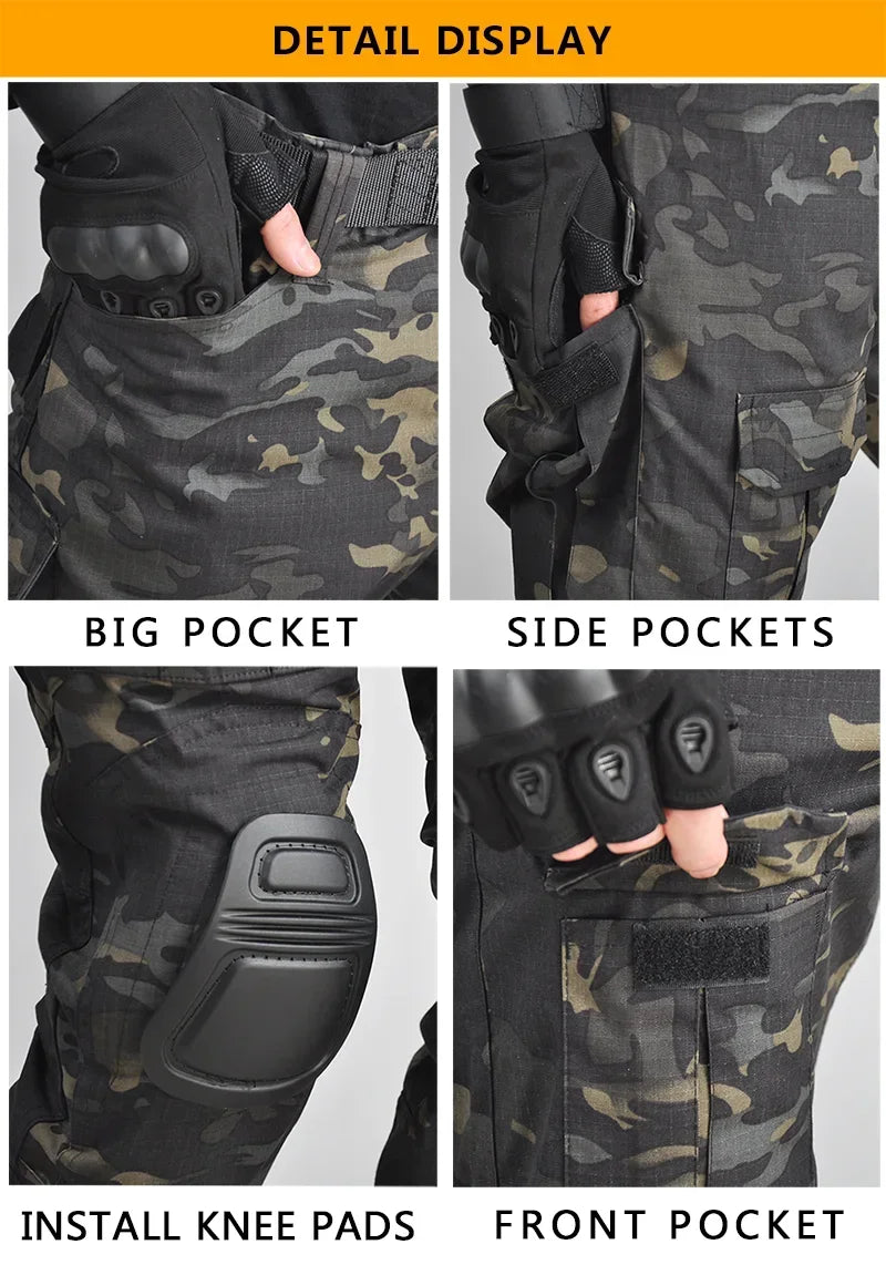 Men's Tactical Combat Suit – Camo Hooded Shirt & Cargo Pants with Pads