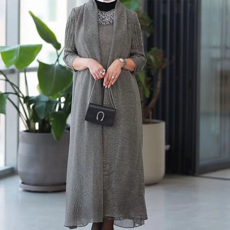 Metallic Pleated Two-Piece Long Dress Set — Casual Loose Ankle-Length Fashion Outfit