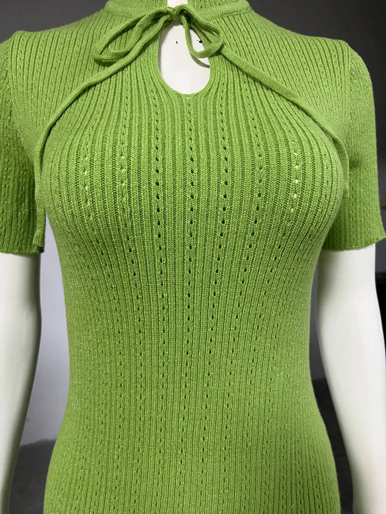 Tossy Knit Hollow Out Lace-Up Dress – Ribbed Short Sleeve Patchwork High Waist Elegant Long Dress