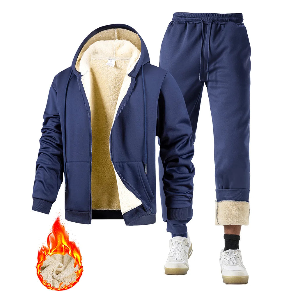 Men's Plush Thickened Hoodie Jacket & Trousers Set – Warm Winter Outdoor Sport Suit