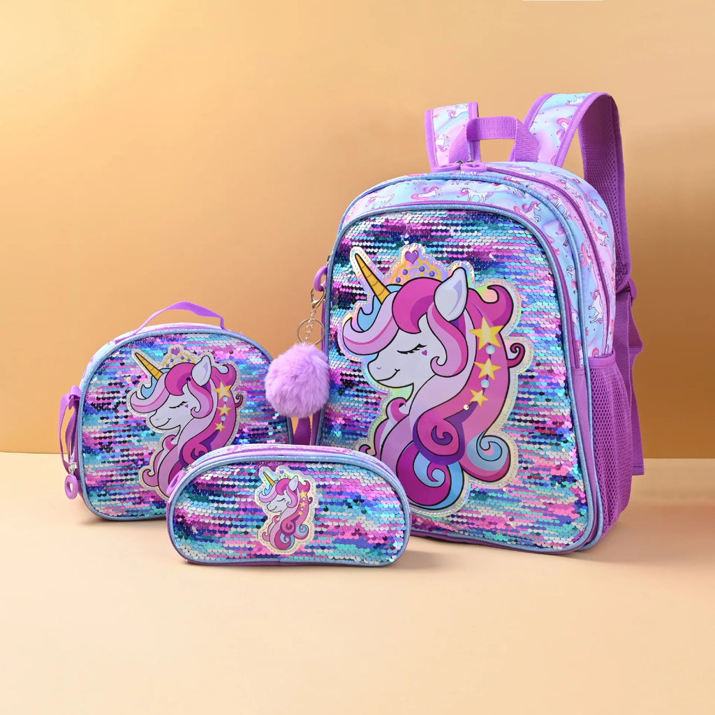 Unicorn Backpack Set – Purple Three-Piece School Bags