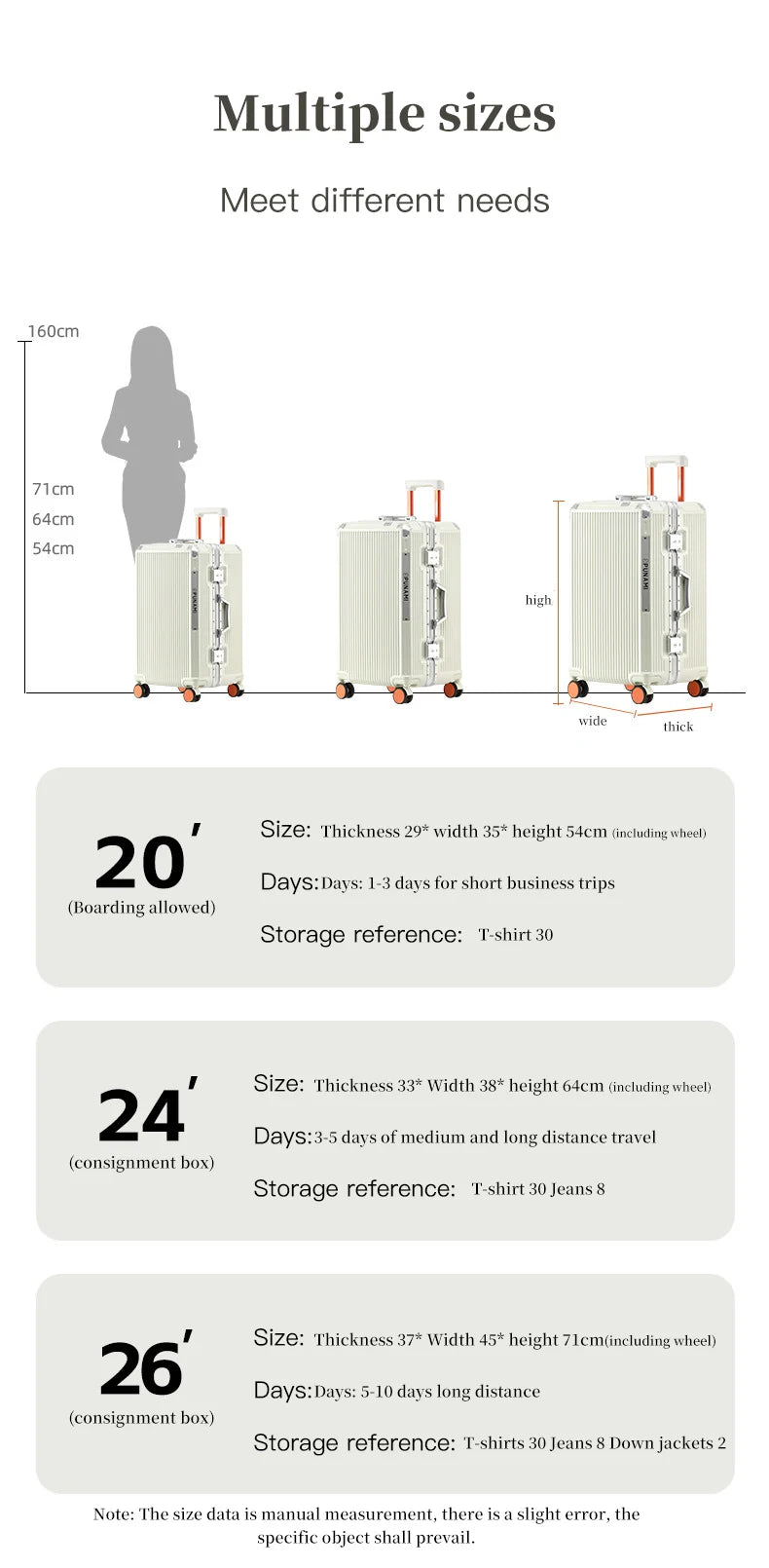 sushimu Suitcase Wide Handle Travel Suitcase Men 20 24 26 Carry-On Luggage Women PC Aluminum Frame Trolley Case