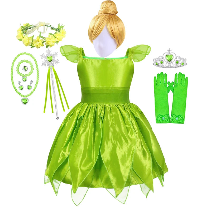 Tinkerbell Fairy Princess Dress — Green Elf Costume with Wings for Girls