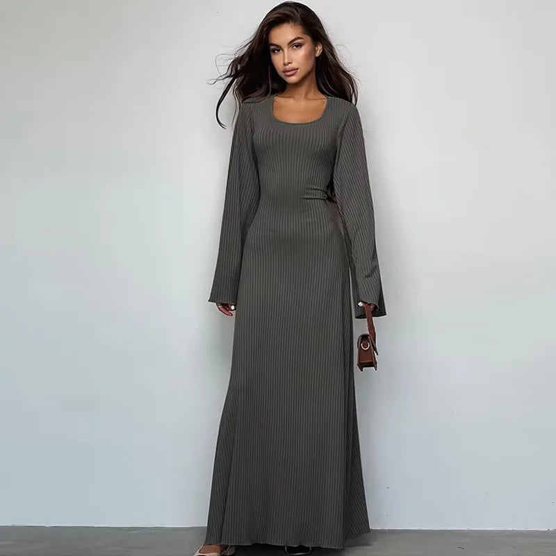 Long Flare Sleeve Maxi Dress — Slim Lace-Up Floor-Length Casual Office Dress