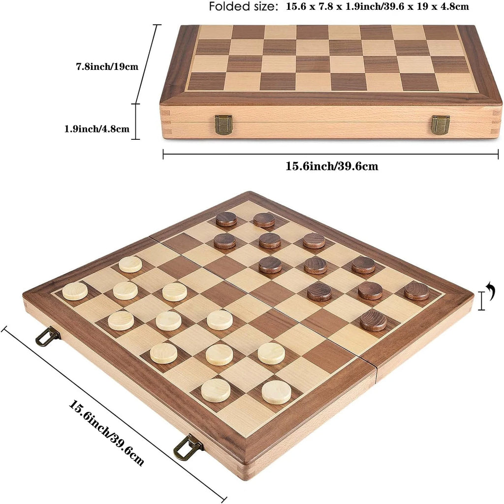 15-Inch Wooden Chess & Checkers Set – 2-in-1 Classic Board Game, Weighted Pieces, 2 Extra Queens & 24 Checkers