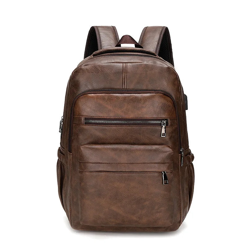 USB Charging PU Leather Laptop Backpack — Large Men's School Travel Bag