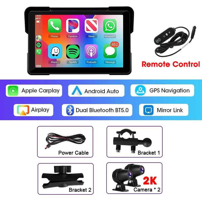 5"/7" Motorcycle CarPlay Screen – Wireless CarPlay & Android Auto, GPS Navigation, Dual Bluetooth, IPX7