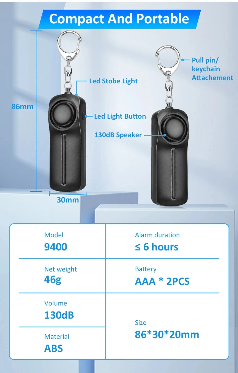 130dB Personal Safety Alarm Keychain with LED Light – Rechargeable Self Defense
