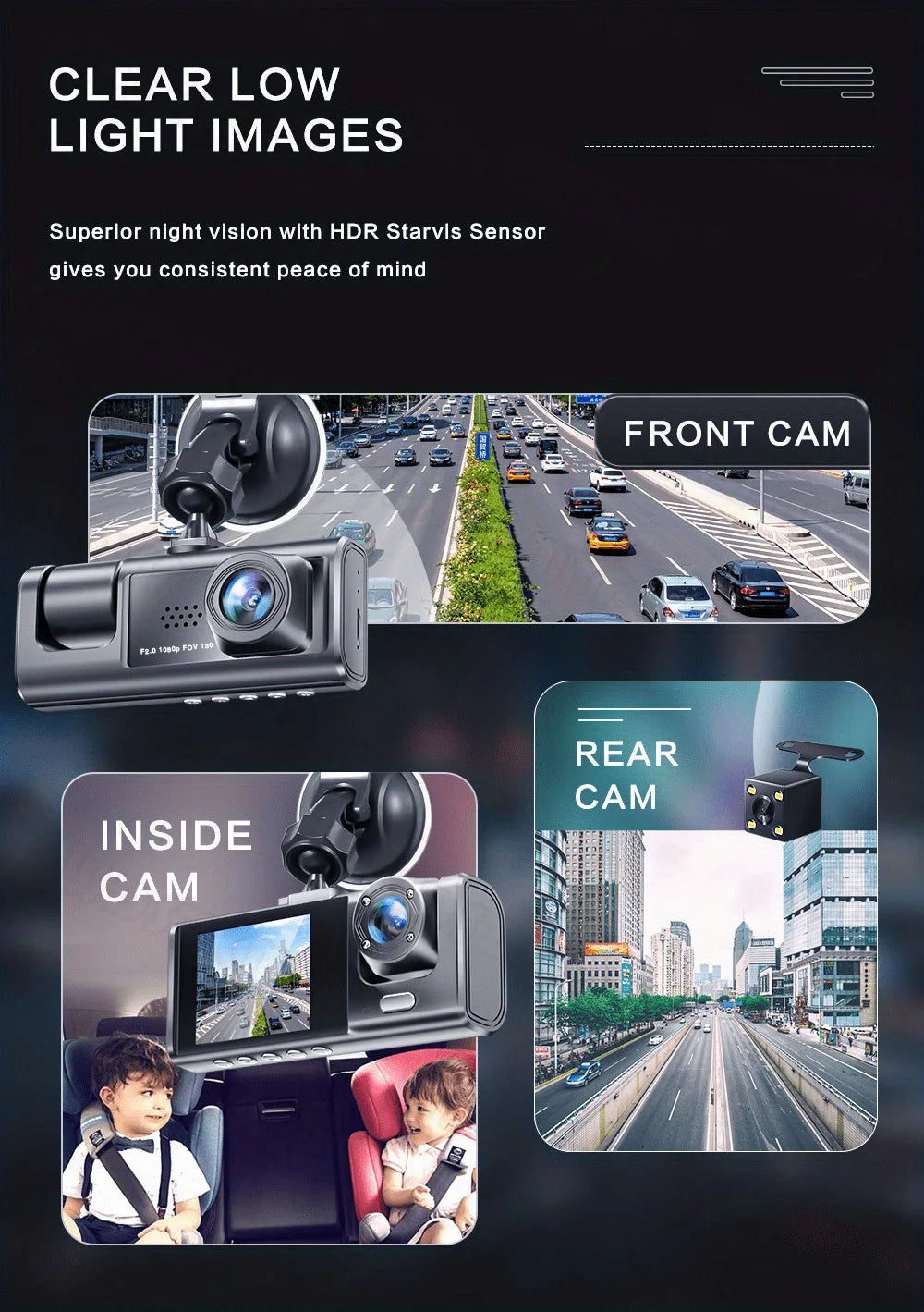 1080P 2/3-Lens WiFi Dash Cam – Front, Rear & Interior, Night Vision, G-Sensor, Loop Recording