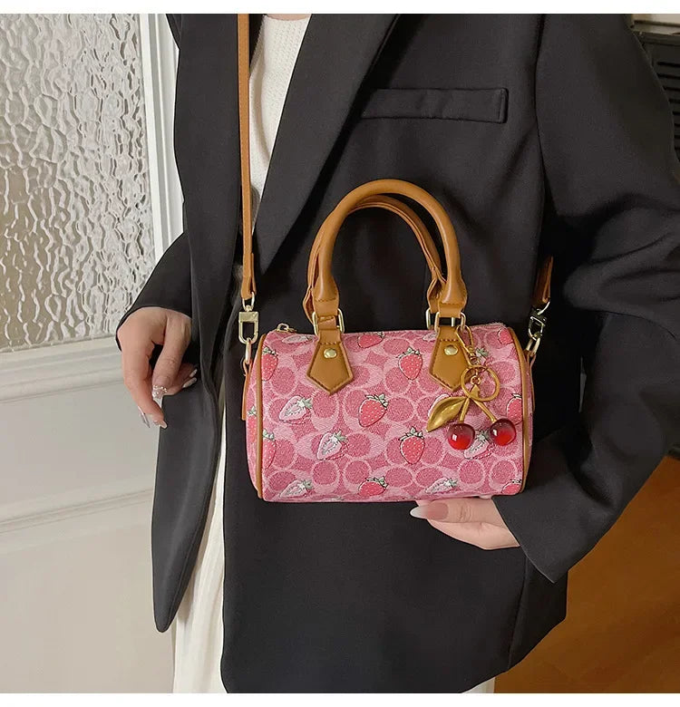 Cherry Print PU Leather Boston Crossbody Shoulder Bag – Luxury Designer Handbag for Women